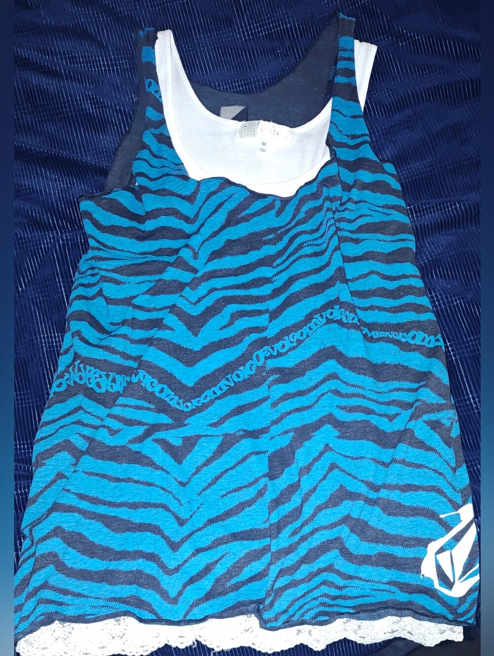 Volcom Blue and Navy Zebra-Stripe Layering Style Y2K Tank Top
